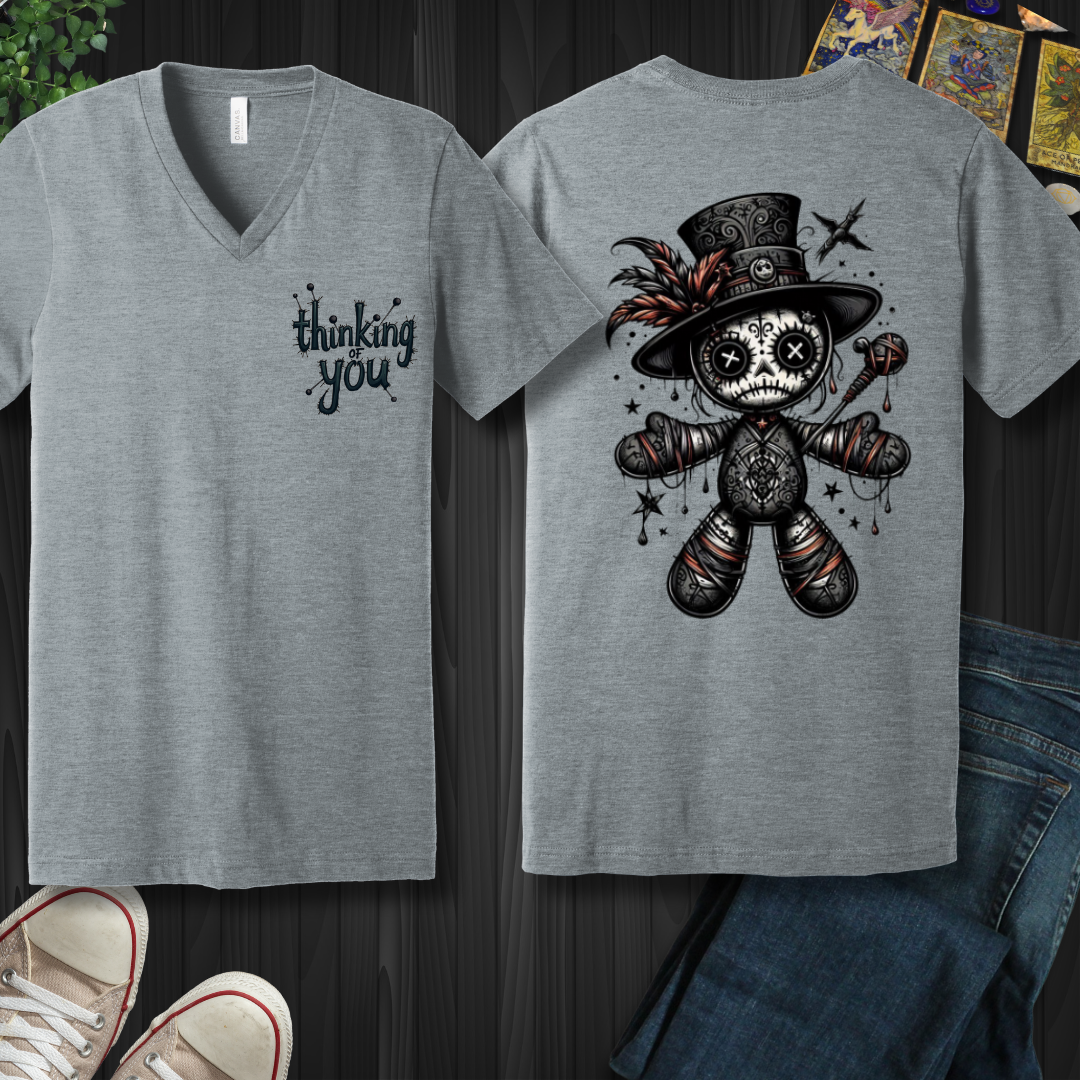 Thinking of You Voodoo Doll (front and back) V-Neck Tee