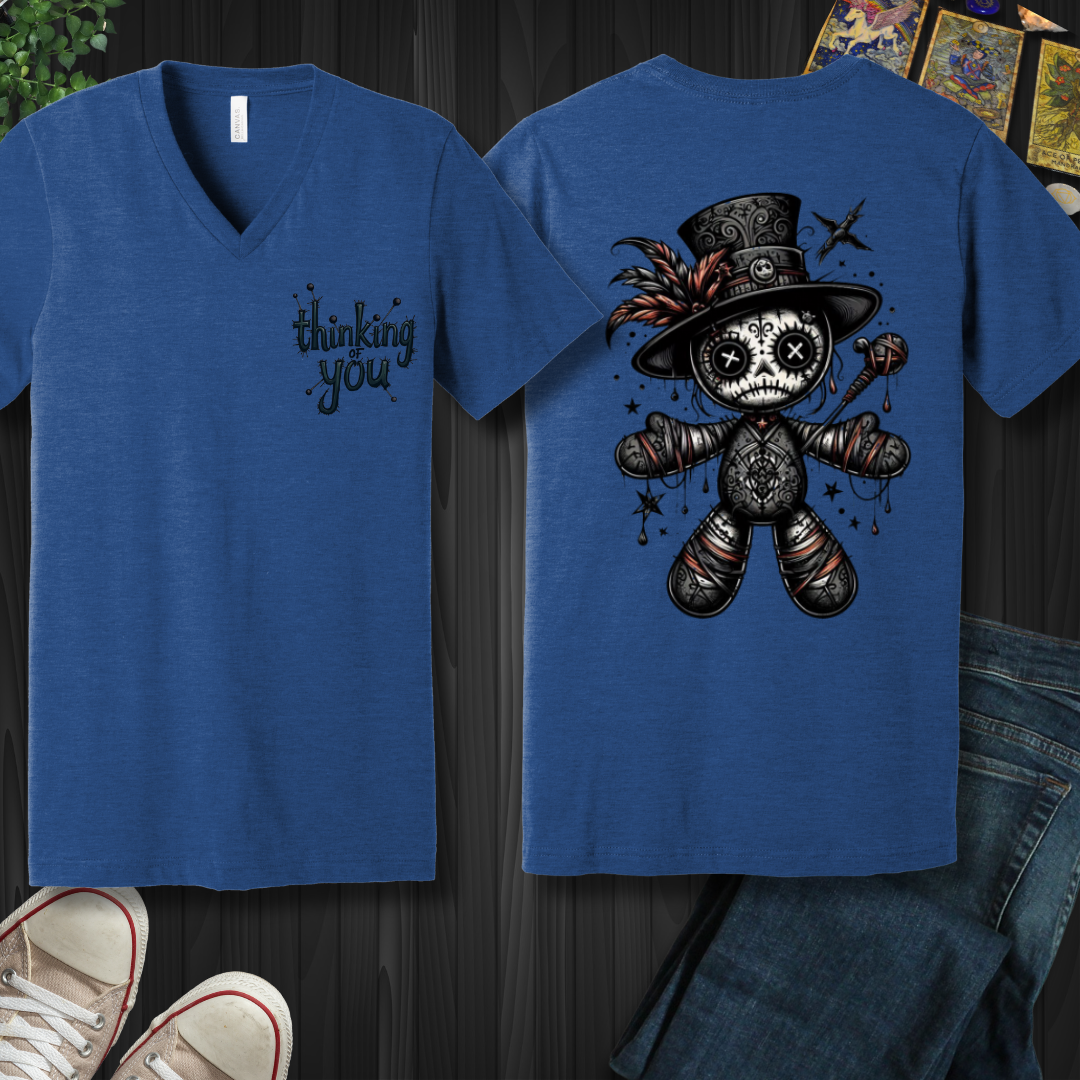 Thinking of You Voodoo Doll (front and back) V-Neck Tee