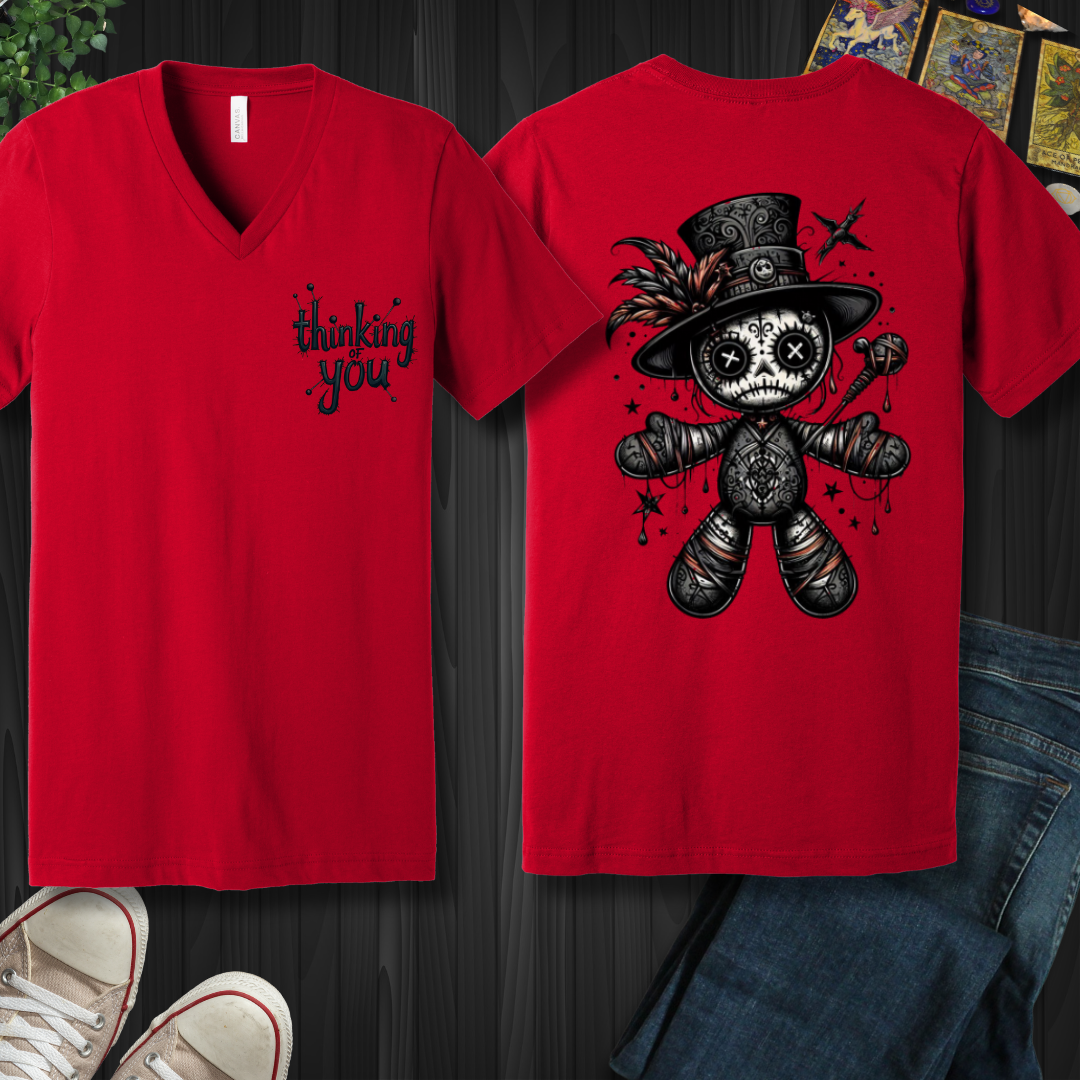 Thinking of You Voodoo Doll (front and back) V-Neck Tee