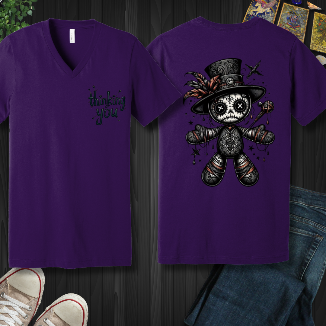 Thinking of You Voodoo Doll (front and back) V-Neck Tee