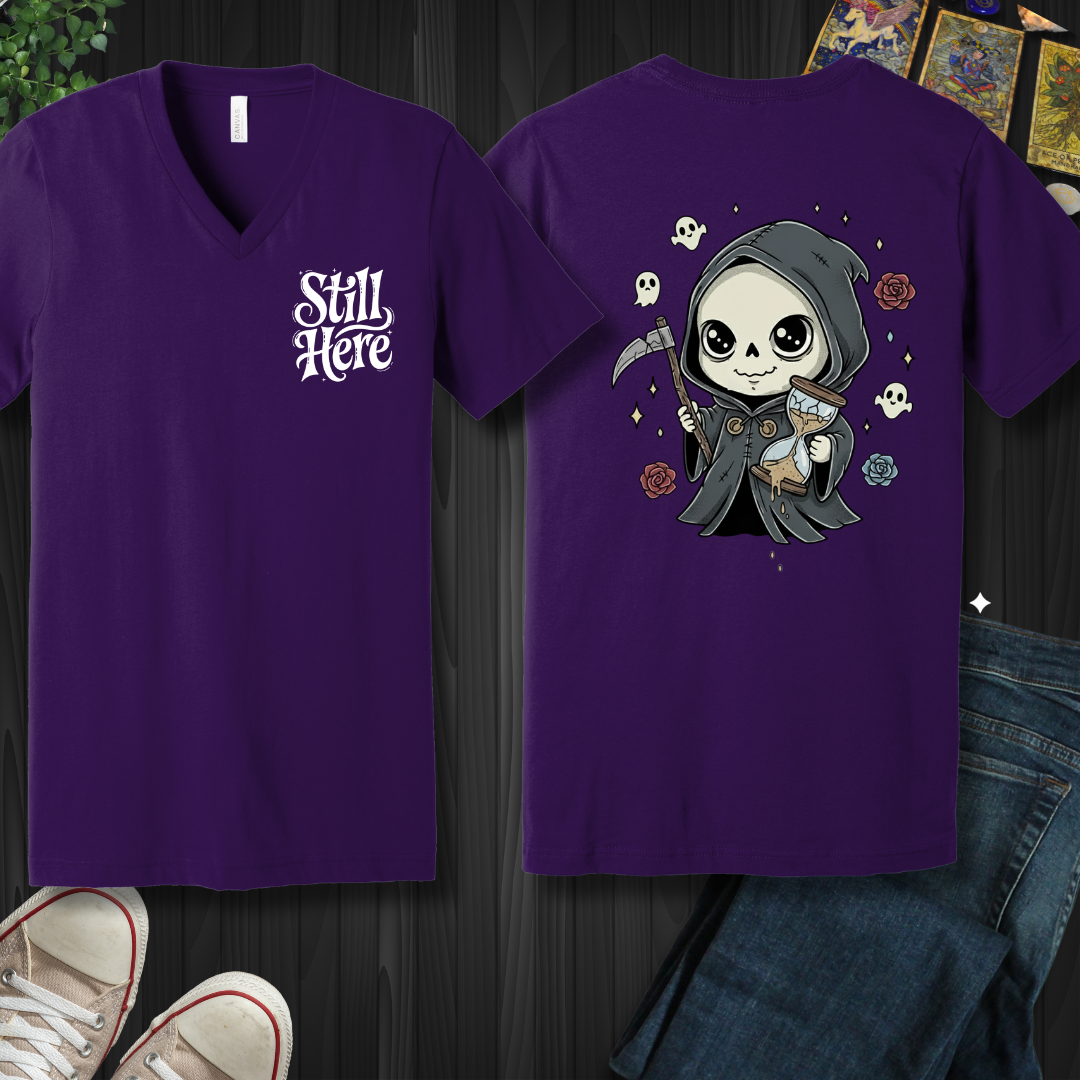 Still Here – Grim Reaper (front and back) V-Neck Tee