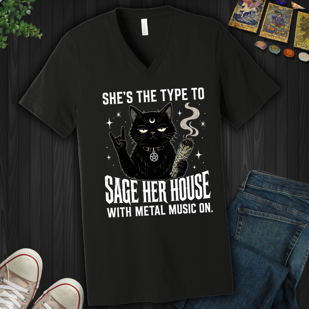 Sage Her House And Listen To Metal- V-Neck