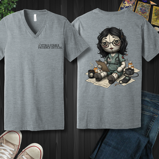Vitals Stable. Patience Critical  V-Neck Tee