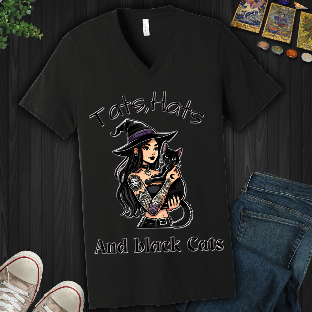 Tats, Hats, And Black Cats V-Neck Tee