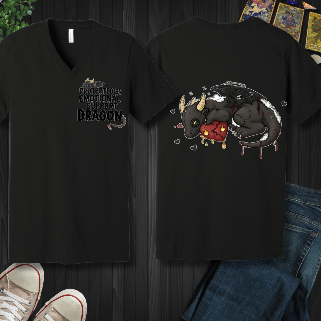 Emotional Support Dragon (front and back) V-Neck Tee