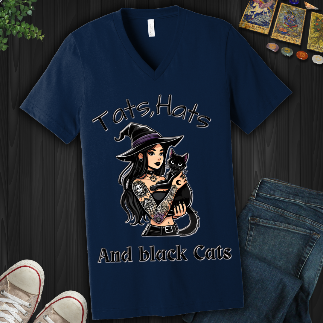 Tats, Hats, And Black Cats V-Neck Tee