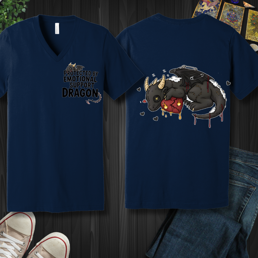 Emotional Support Dragon (front and back) V-Neck Tee