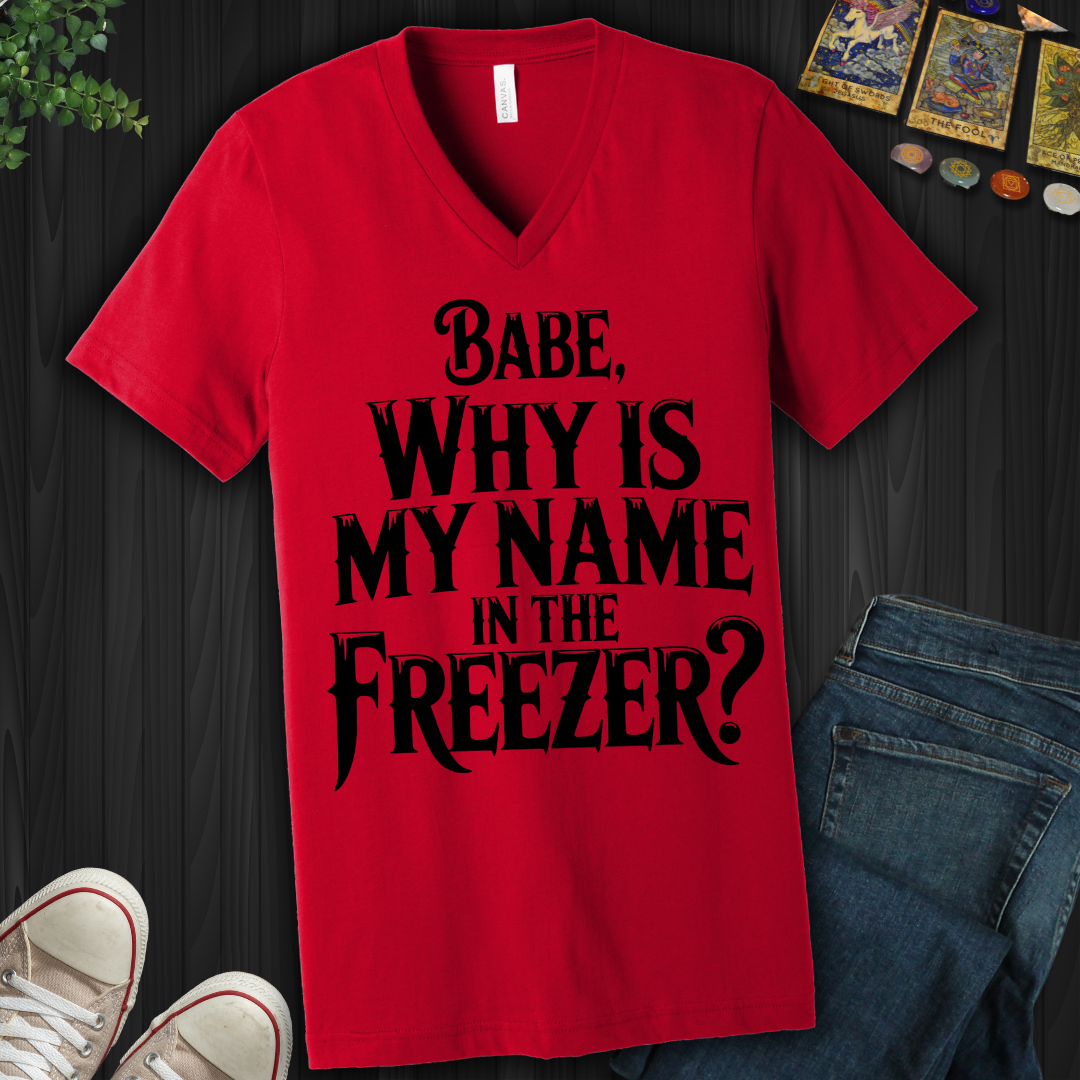 Why Is My Name In The Freezer? V-Neck Tee
