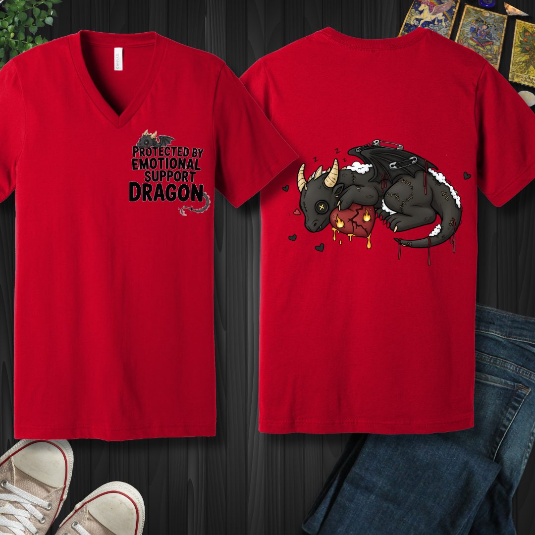 Emotional Support Dragon (front and back) V-Neck Tee