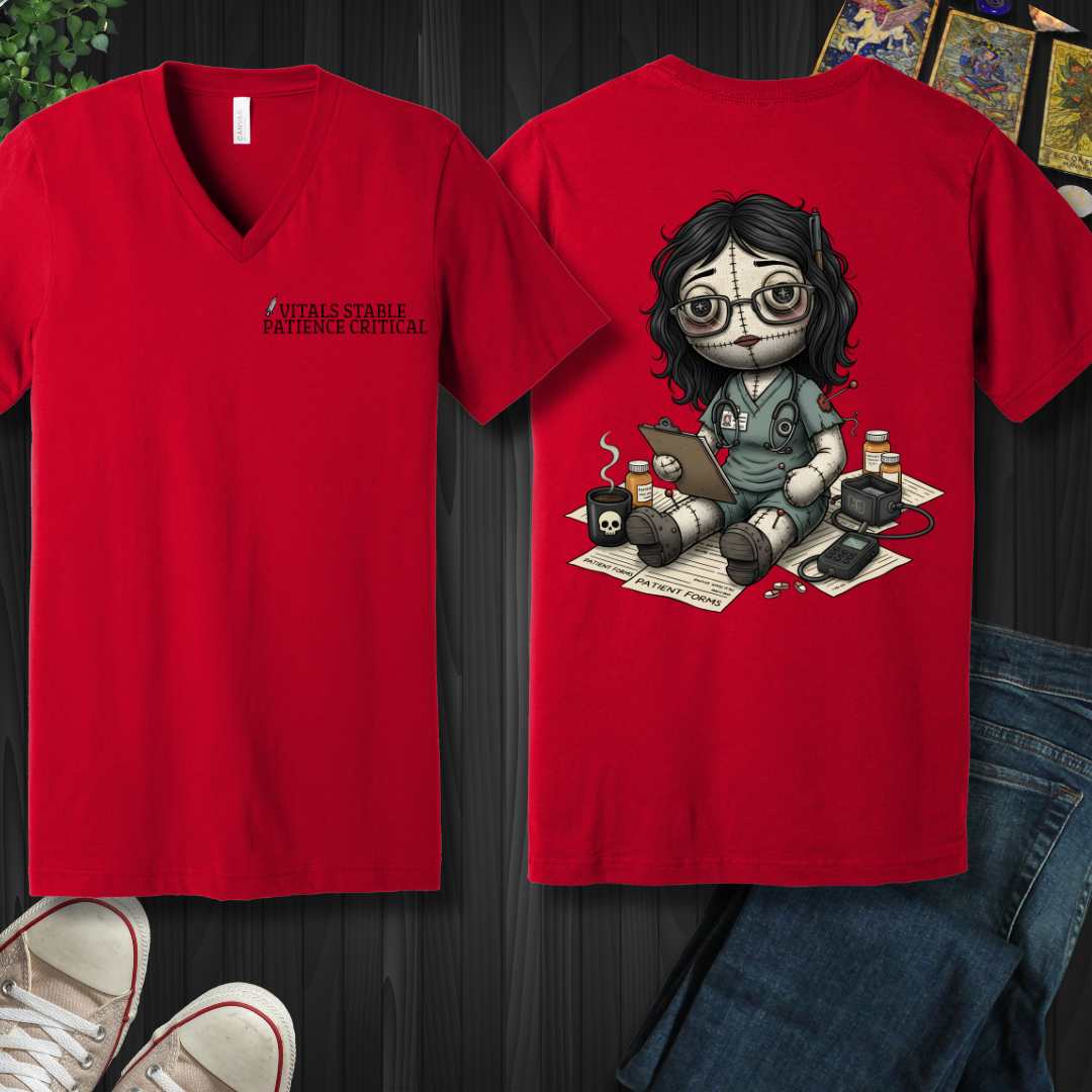 Vitals Stable. Patience Critical  V-Neck Tee