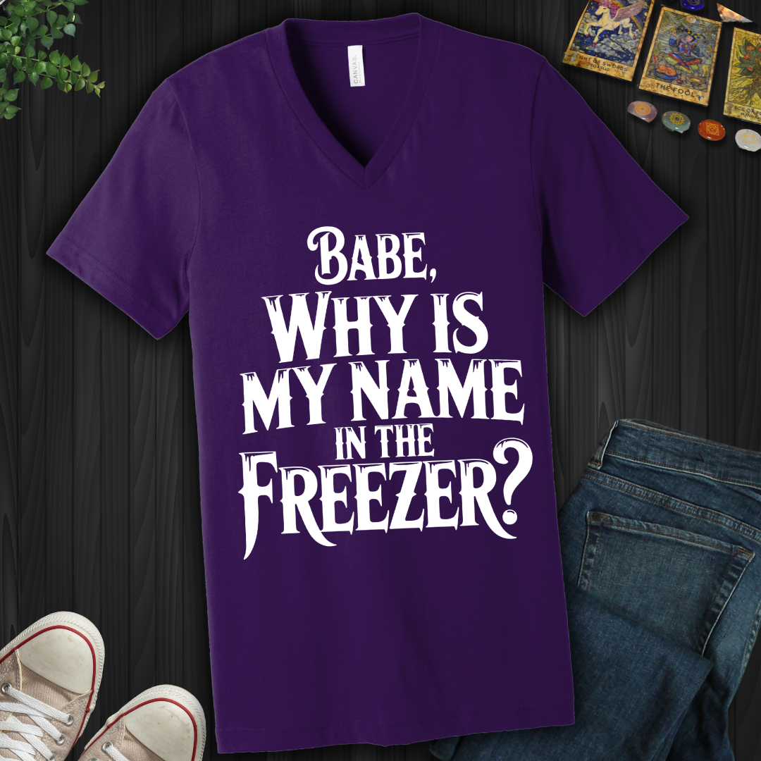 Why Is My Name In The Freezer? V-Neck Tee
