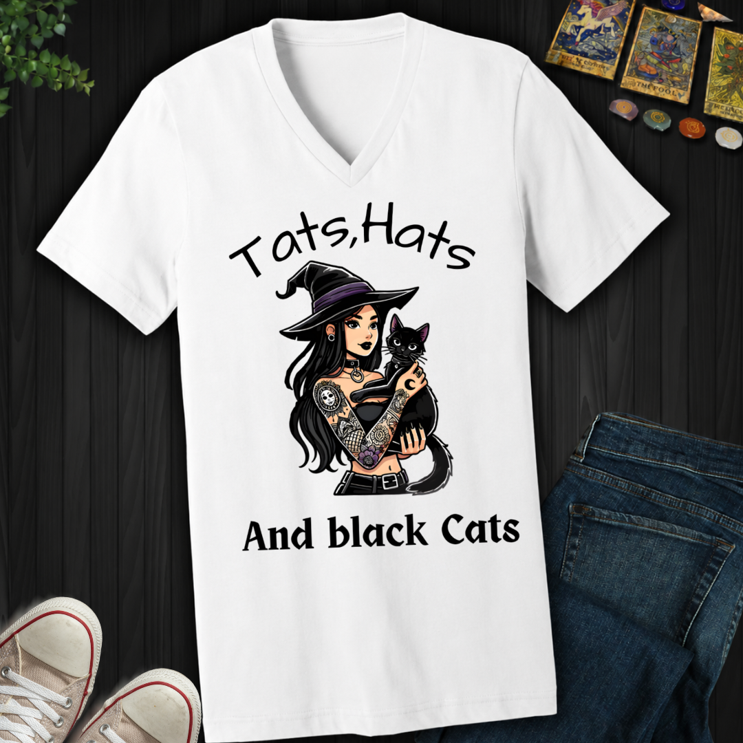 Tats, Hats, And Black Cats V-Neck Tee